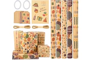 Ambesty Papier Cadeau 43cm x 3M - 5 Rouleaux De Papier Emballage et 2 Rouleaux de Ruban pour Anniversaire, Vacances, Mariage et Cadeau de Naissance