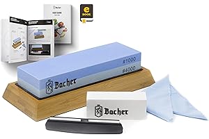 BACHER kamień wodny premium, podwójna gradacja 1000/4000, ostrzałka kamienna do noży z prowadnicą, antypoślizgową podstawą bambusową, kamieniem do wyrównywania powierzchni i szczegółowym przewodnikiem e-book