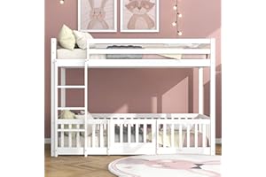 Merax 3FT Bunk Bed for Kids with Fences and Door, Children's Cabin Loft Bed with Fall Protection, Safety Railings, and Solid Wood Construction, Perfect for Toddlers, White, 90x190cm