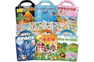 Kalysky Juego de 6 libros de calcomanías hinchados para niños de 2 a 4 años, libros de calcomanías reutilizables en 3D para niños pequeños de 1 a 3, 2 a 4, granja, animales, dinosaurios, mundo