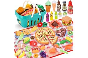 TOSUTO Barnkök tillbehör, 85 stycken lekkök barn utomhus, rollspel slask kök tillbehör med barnsele picknickkorg barn, frukt