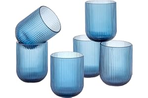 Baroni Home Set de 6 Verres en Verre Colorés et Décorés avec Rayures en Relief de 30 CL, Verres Élégants Lavables au Lave-vaisselle, 8x8x10 cm, Bleu