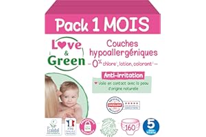 Love & Green - Couches Bébé Saines et Ecologiques - Taille 5 (11-25 Kg) - Pack 1 Mois (160 Couches) - Absorbante, anti-fuites et sans ingrédients indésirables