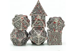 Cusdie Metal Dice with Tin Box, 7 PCs DND Metal Dice, Dagger Design Polyhedral Dice Set, for Role Playing Game D&D(Ancient Silver-Bloodstained)