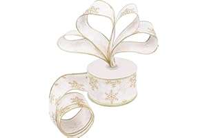 BELLE VOUS Cinta Organza Blanca de Navidad – 20 m x 6,3 cm de Ancho Cintas Navideñas con Alambre, Copos de Nieve – Decoración Fiestas, Árbol de Navidad – Cinta de Navidad Blanca Envolver Regalos
