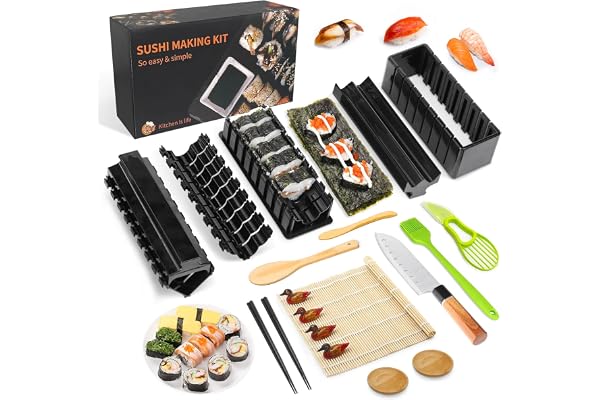 MLRYH Sushi Maker Kit, 20 st DIY komplett sushikit för nybörjare med sushimatta, ätpinnar, avokadoskiva, paddel, spridare, su