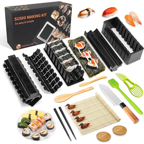 Sushi Makerset, 20 artikelenset voor beginners om zelf te maken, kan als sushitbord worden gebruikt met rijstrolvormen, vork, mes, rolmat, staafjes