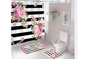 LucaSng Shower curtain set pattern Polyester shower curtain decoration shower curtain bath carpet toilet cover and U-shaped carpet non-slip bath carpet set180x200cm Flower shower curtain