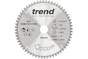 Trend Wood Mitre Saw Blade, 216mm Diameter, 30mm Bore, 60 Teeth, 2.6mm Kerf, -5° Hook, TCT, Extra-Fine Finish, CSB/CC21660