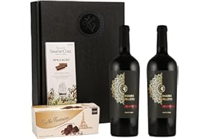 ‎FABELHAFTE GESCHENKE Geschenkset 2 Fl. italienischer Rotwein Primitivo Barone Pelletti mit Schokoladentrüffeln und dunkler Schokolade | Weinpräsent für Genießer