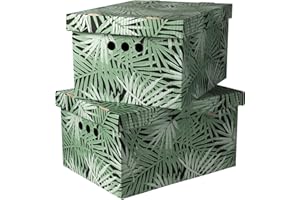 SOFTILLO Cardboard Storage Boxes with Lid Decorative Wardrobe, Closet, Home & Office Organiser with Handle Flat-Packed, Stackable File Box Gift for Adults & Kids Set of 2 Large Tropical Green