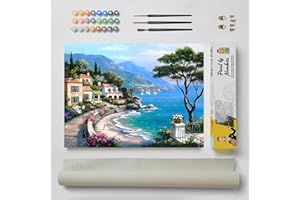 DonElton Pintar por Números para adultos Paisajes - 40x50 cm Kits de pintura con Pinceles, colores acrílicos y lienzo de lino, Sin marco - Regalo creativo (Pueblo con Mar)