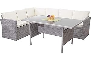 Mendler Poly-Rattan-Garnitur HWC-A29, Gartengarnitur Sitzgruppe Lounge-Esstisch-Set Sofa - hellgrau, Kissen Creme