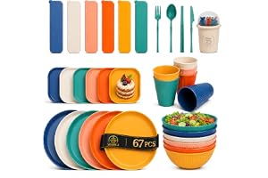 YEEBECA 67 Pieces Plastic Dinnerware Set for 6, BPA-free Unbreakable Dinnerware Set for 6 People, The Outdoor Camping Tableware Set in 6 Colors Suitable for Family Dinners, Picnics and Camping.