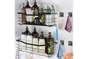 NATNAV Etagère de Douche sans Perçage, 2PCS Etagere Salle de Bain Rangement et Organisation Douche avec 4 Pièces Crochet Adhésif 3M,Porte Shampoing Gel Douche Angle Antirouille Etagère Rangement Noir