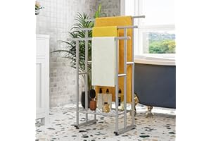 FOUBAM Towel Rail, Towel Rack, Towel Ladder, Standing with 3 Towel Rails, for Bath Towels, Blankets, Space-Saving, Sturdy, Industrial Style, Bathroom Towel Holder, Steel, Silver