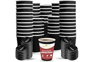 CHEF ROYALE 100x 16oz Black Ripple Disposable Coffee Cups with Lids -Insulated Triple Walled Takeaway Coffee Cups-Disposable Cups for Hot and Cold Drinks for Christmas, Birthdays Parties (100, 16oz)