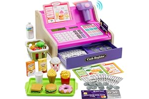 HYES Registratore di Cassa Giocattolo in Legno per Bambini con Scanner, Calcolatrice Reale, Giocattoli Soldi / Monete / Carta di Credito / Cesto Della Spesa, Giochi Regalo per Ragazzi Ragazze, Rosa