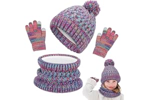 HALINUIA Conjunto de gorro, bufanda y guantes de invierno para niños, 3 piezas, tejido cálido, bufanda gruesa y esponjosa, sombrero con pompón, guantes de dos dedos para pantalla táctil, para niños y niñas de
