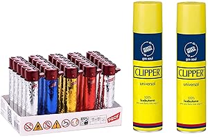 Pack 25 Uds. Mechero Encendedor Redondo Recargable con Piedra recambiable + Pack DE 2 Clipper Gas ISOBUTANO 300 ML para MECHEROS Exclusivo de DISPAU (Rave)