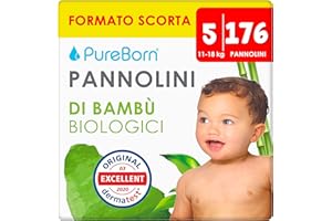 PureBorn 176 Pannolini Taglia 5 (12-17 kg), Ipoallergenico, Ultra assorbente, Pannolini 12-24 mesi, Dermatologicamente testato, Protezione completa, pannolino di alta qualità naturali bambù