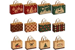 GAEEP Christmas Gifts Bags 12 pcs,Xmas Paper Bags Multipack with Large Medium Small Size,Reusable Tartan Kraft Christmas Goody Bags with Handles for Presents,Perfect Paper Carrier Bags for Party,Sweets,Food
