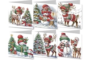 JSRQT Biglietti di Pittura a Diamante Natale 5D Biglietto Auguri Natalizi 6 Pezzi Cartolina Ricamo Arti Strass DIY Cartoline Fatte a Mano Diamond Art Painting Compleanno Carino Disegno con Busta