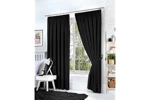 HACHETTE LTD Hachette Thermal Blackout Curtains Pencil Pleat Tape Top Including Pair of Tiebacks (Black, 66" X 54")
