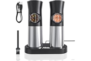 JOQINEER Molinillo de Pimienta Electrico Molinillo de Sal Sensor de Gravedad Molino de Pimentero Automático Recargable Base de Carga Tipo C con Grosor Ajustable Cuerpo Ergonómico de Acero Inoxidable Luz LED