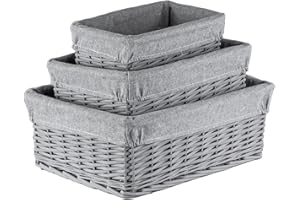 Innoteck Essentials Set of 3 Wicker Storage Baskets with Lining - Decorative Kitchen Bathroom Hamper - Portable Basket with Washable Cloth Liners - Ideal for Home/Office & Gifts Hamper (Grey)