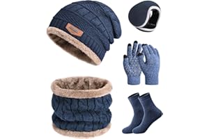 heekpek Set Cappello Guanti Sciarpa Scaldaorecchie e Calzini Uomo Invernale Berretto in Maglia con Sciarpa Morbido Caldo Outdoor Invernali Set da 5 Pezzi per Uomo
