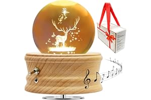 MROOYI Luce Notturna con Sfera di Cristallo 3D K9, Lampada LED con Carillon in Legno di Faggio, Regali per Donne e Uomini, Compleanno, San Valentino, Festa della Mamma, Natale, Confezione Regalo (Alce)