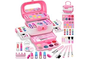 Hollyhi 58pcs Kids Real Makeup Sets for Girls, Safe Washable Children Pretend Dress Up Toys Make Up Starter Kit, Princess Holidays Birthday Gifts for Age 3 4 5 6 7 8 9 10 11 12 Year Old Girl (Pink)