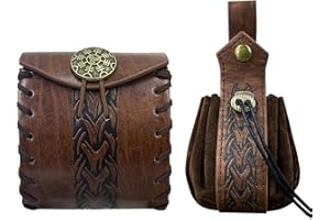 EpicCos 2 PCs Medieval Faux Leather Belt Bag, Renaissance Drawstring Pouch Dice Bag, Vintage Side Pack Coin Purse for LARP (Brown A)