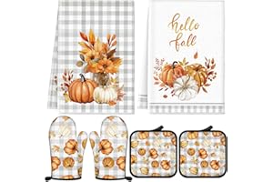 Bencailor Kitchen Towels, Pot Holders and Oven Mitts Vintage Absorbent Soft Pumpkin Pot Holders for Autumn Thanksgiving Cooking Baking BBQ Accessories (Polka Dot Pumpkin) 6 Pack