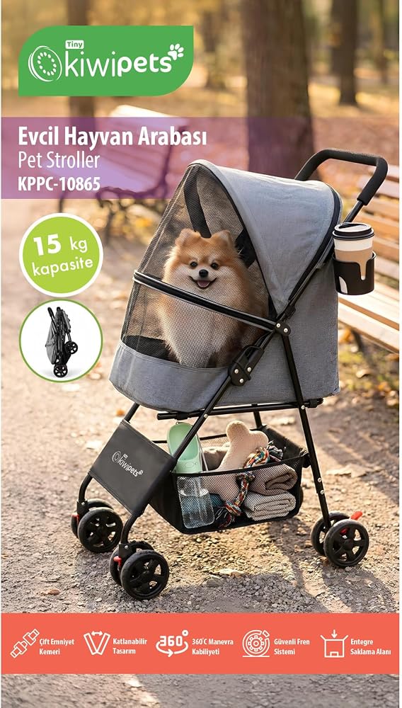 Kiwipets Evcil Hayvan Arabası, Katlanabilir, 360° Teker, Gri, 15 kg Kapasiteli