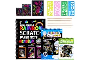 MELLIEX Scratch Art Notes per Bambini, Set di 3 Blocco da Disegno Arcobaleno Scratch Paper con 6 Penne Stilografiche In Legno e 4 Righelli Da Disegno per Disegni, Giochi e Scrittura