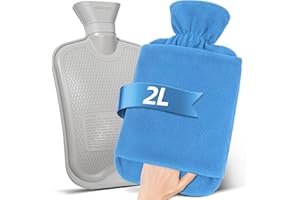 MUPAS Bolsa de Agua Caliente con Funda Polar - Botella de Agua Caliente Grande de 2L Anti Fuga - Bolsa de Agua Caliente Suave con Funda de Canguro y Caucho Natural (Azul Claro)