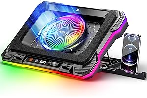 MOOJAY Almohadilla de refrigeración para laptop, potente ventilador turbo RGB, soporte de refrigeración para computadora portátil con 8 alturas ajustables y soporte para teléfono, para portátiles de