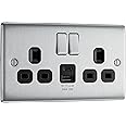 BG Electrical Double Switched Power Wall Plug Socket with Type A and Type C USB Charging Ports, Nexus Metal, Brushed Steel, Black Inserts, 13A, 12W, NBS22UAC12B
