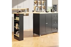 Merax 360° swivelling 3 Tier Dining Bar table, Mobile Kitchen Storage Island with 3 Drawers, 2 Doors and Extendable Table, for Kitchen, Dining Room, Living Room, Black/138-209 x 39 x 106 cm