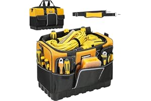WINHUNT Open Mouth Tool Bag, Heavy Duty Electrician Tool Bags, Tool Storage Organiser with Waterproof Hard Base, Yellow/Black, 16 Inch
