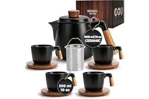 MIAMIO – 1000 ml Ceramic Tea Pot Set with Infuser and Cups/Tea Strainer, 4 Ceramic Tea Mugs (300 ml), Bamboo Saucers/Handle for Home and Office (Black)