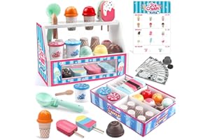 Plunack Gelateria Giocattolo per Bambini, Giochi in Legno Accessori da Cucina con Cibo Giocattolo e Soldi Finti, Giocattoli Montessori Cucina Legno Regalo per Bambina 3 4 5 6 Anni