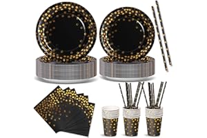 Nkaiso Anniversaire Vaisselle de fete 120 Pièces Noir Or Party Assiette Anniversaire Set Comprendre Assiette Jetables Papier Tasses Serviettesr pour Party Decoration Baby Shower -24 Invités