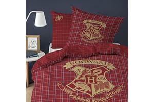 CTI Harry Potter Tartan Parure de Lit Enfant 1 Personne | 100% Flanelle de Coton | Oeko-TEX | Housse de Couette 140x200 cm + 1 Taie d'oreiller 63x63 cm | Imprimé Réversible | Rouge