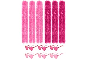 SHENYI 12Pcs Colorful Fancy Dress Feather Boa Set, 6.6ft Feather Boa with Heart Rimless Sunglasses for Women, Artificial Fluffy Boa Decorations wit for Dancing Wedding Party Cosplay Halloween (Pink&Hot Pink)
