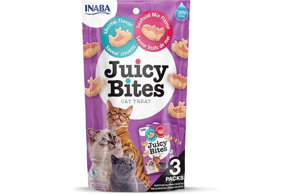INABA Juicy Bites - Friandise pour Chat en Bouchées au Crevette et Fruits de mer - Semi-humides - 3 Sachets de 11,3g
