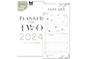 SPIELEFABRIK Couple planner 2024 3 columns FLORAL planner for two 2024 and Oct-Dec 2023, partner calendar 16x32,5cm, calendar for couples 2024, wall planner 2 persons Boho, flowers, design