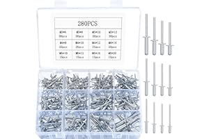 MYHONGLE 280 Stück Aluminium-Blindnieten Set, M3 M4 M5 Popnieten Sortiment Set, Aluminium Blindnieten mit flansch Pop-Nieten, Alu Nieten für Metall Holz Kunststoff, 12 Größen, Silber
